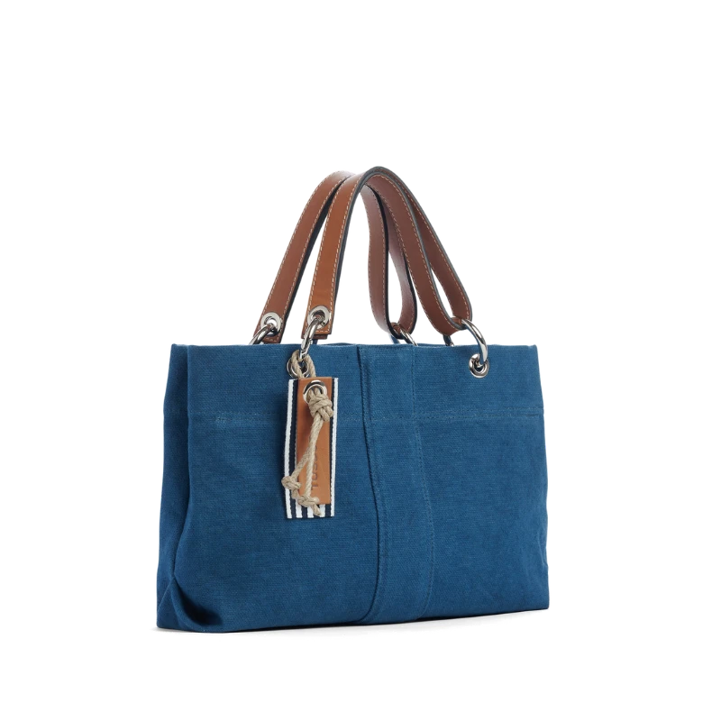 sac de ville modulable en coton bleu canard avec des anses en cuir naturel