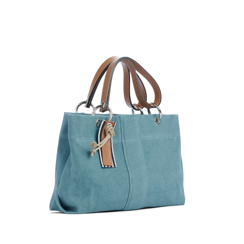 sac de ville modulable en coton bleu français avec des anses en cuir naturel