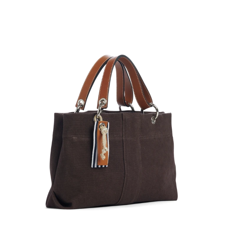 sac de ville modulable en coton chocolat avec des anses en cuir naturel