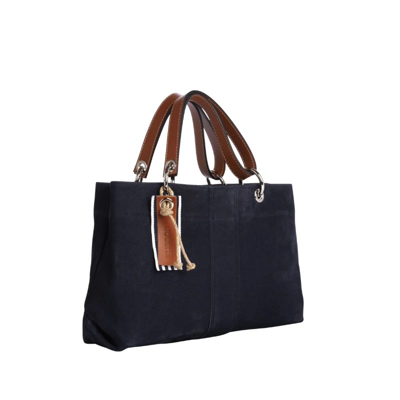 sac de ville modulable en cuir nubuck veau bleu marine avec des anses en cuir naturel