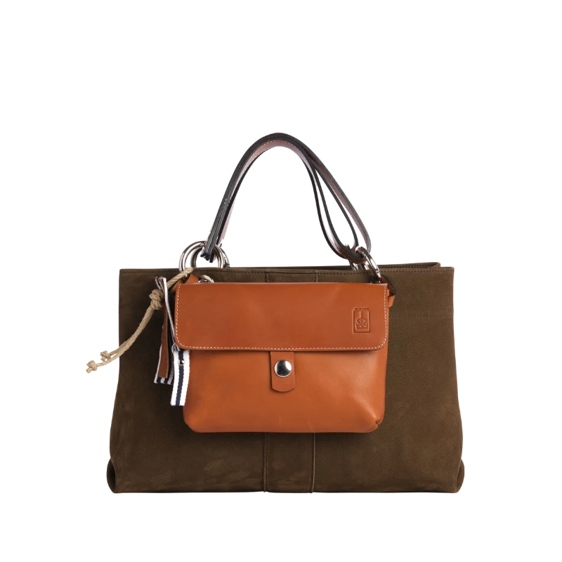 sac de ville modulable en cuir nubuck veau taupe avec des anses en cuir naturel