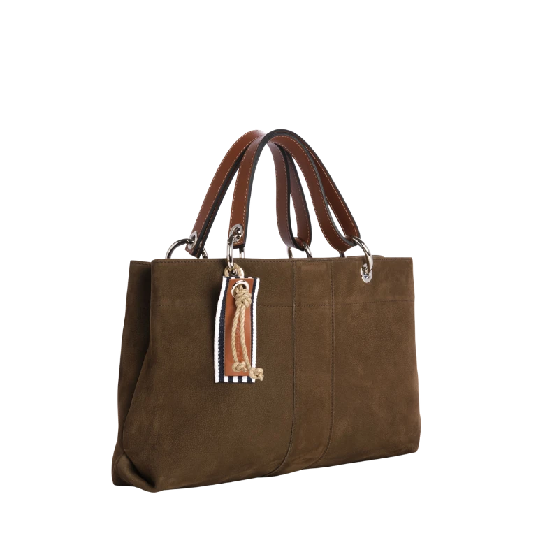 sac de ville modulable en cuir nubuck veau taupe avec des anses en cuir naturel