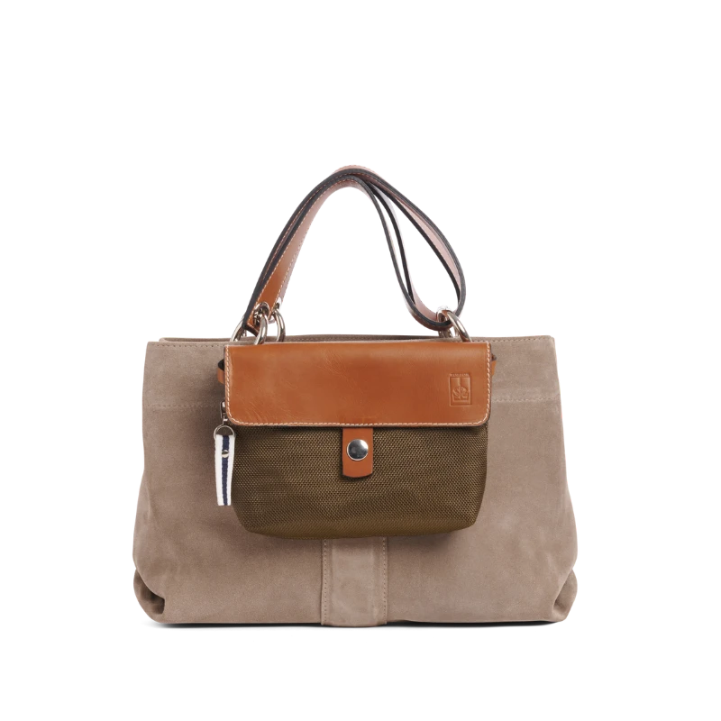 sac de ville modulable en cuir vachette velours galet avec des anses en cuir naturel et sa pochette mobile givre kaki en polyester