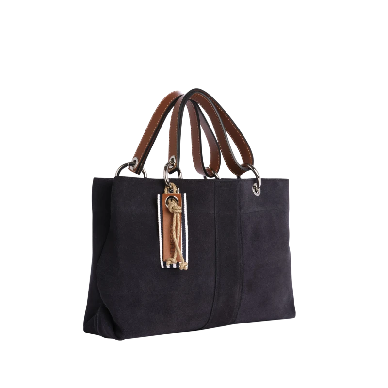 sac de ville modulable en cuir vachette velours bleu marine avec des anses en cuir naturel