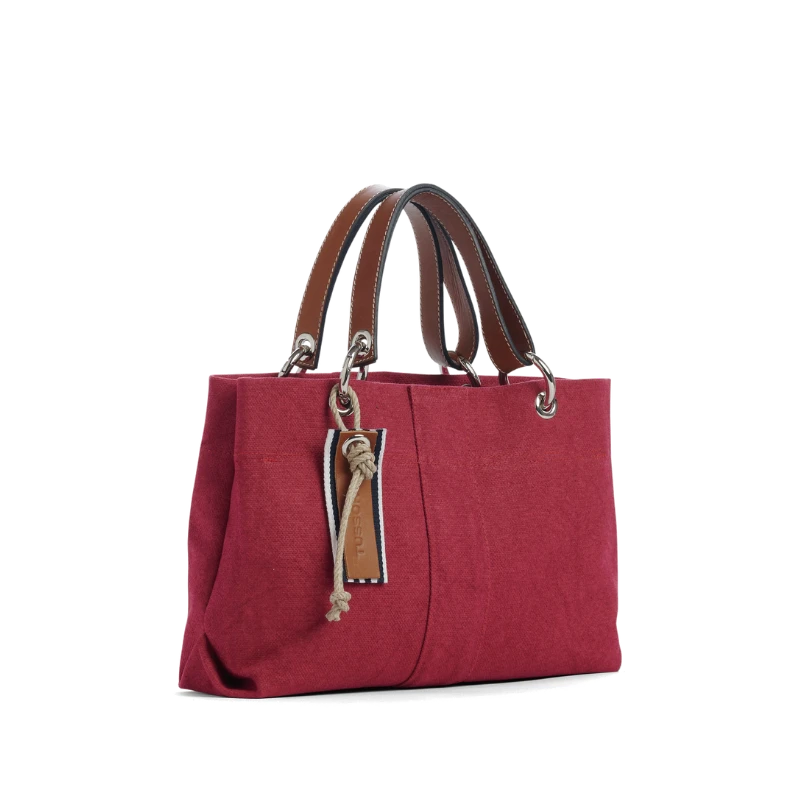sac de ville modulable en coton framboise avec des anses en cuir naturel