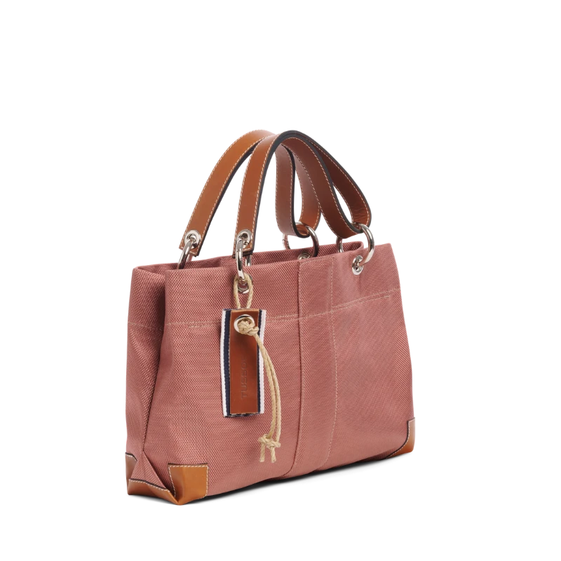 sac de ville modulable en polyester givré bois de rose avec des anses en cuir naturel