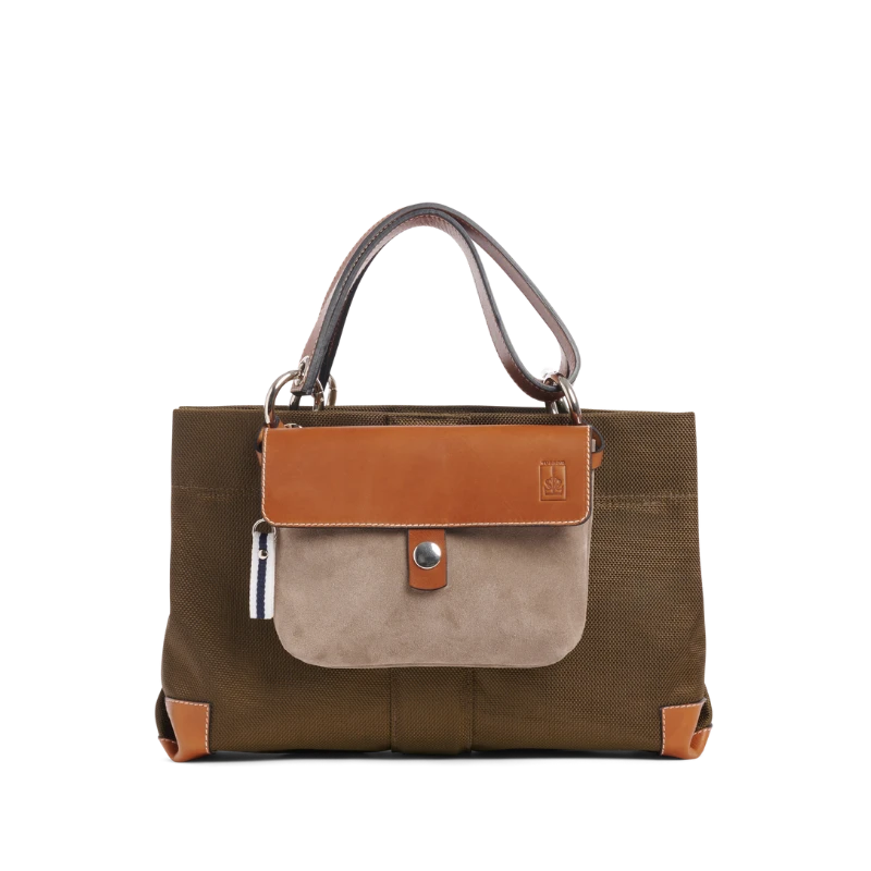 sac de ville modulable en polyester givré bois de rose avec des anses en cuir naturel avec sa pochette mobile cuir vachette galet