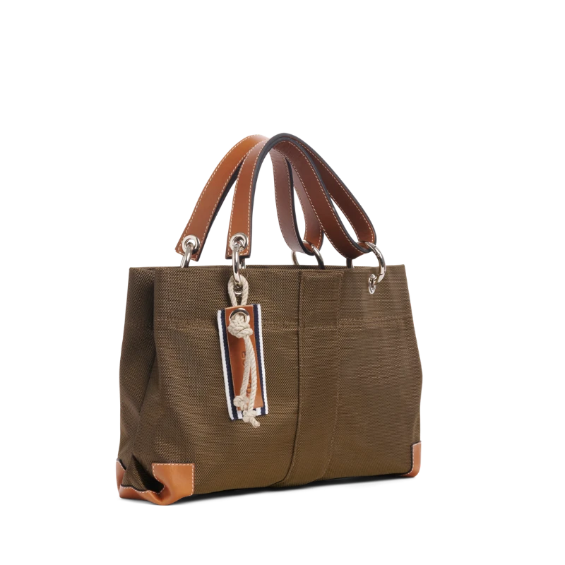 sac de ville modulable en polyester givré kaki avec des anses en cuir naturel