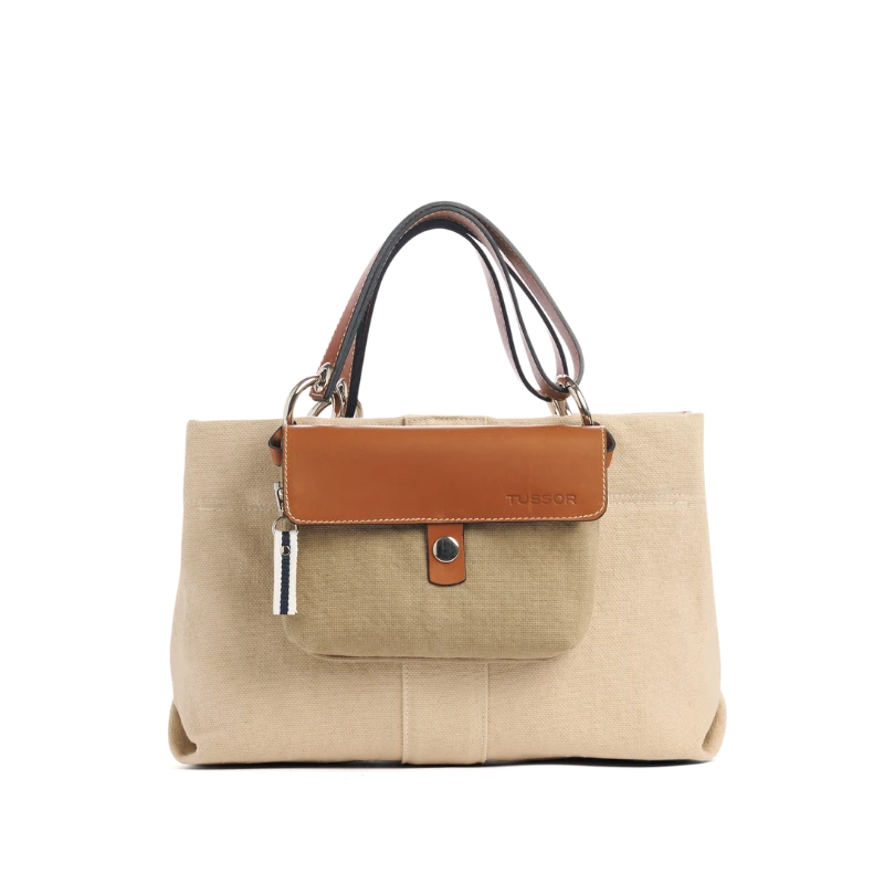 sac de ville modulable en coton grege avec des anses en cuir naturel et sa pochette mobile sable
