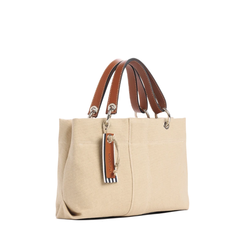 sac de ville modulable en coton grege avec des anses en cuir naturel