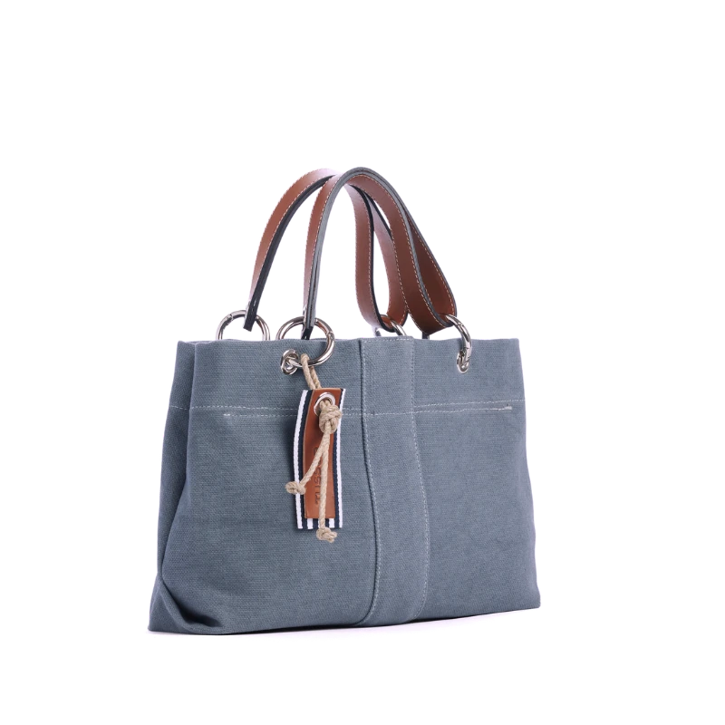sac de ville modulable en coton gris avec des anses en cuir naturel