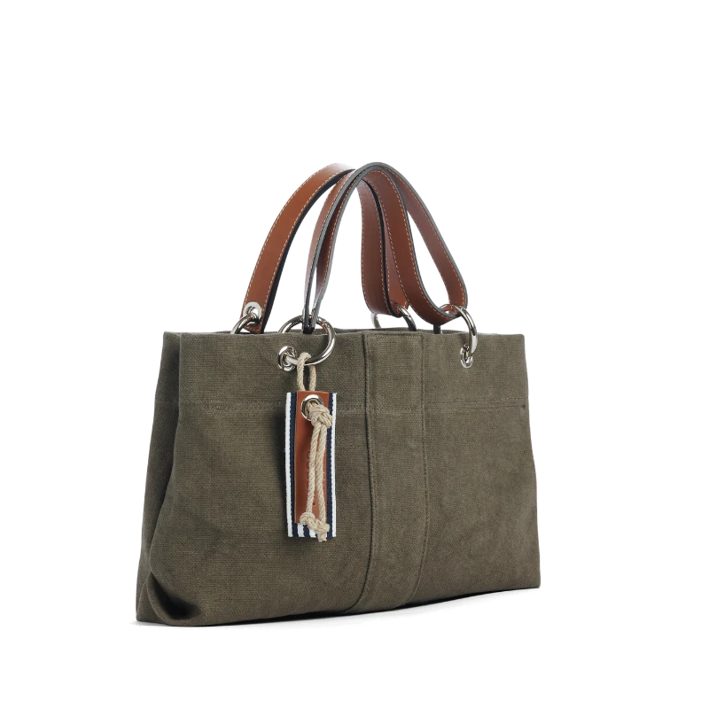 sac de ville modulable en coton kaki avec des anses en cuir naturel