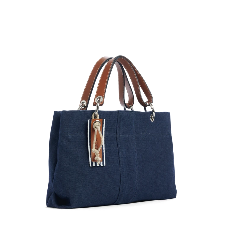 sac de ville modulable en coton marine avec des anses en cuir naturel