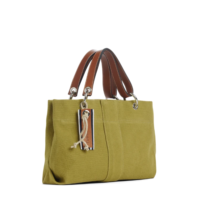 sac de ville modulable en coton olive avec des anses en cuir naturel