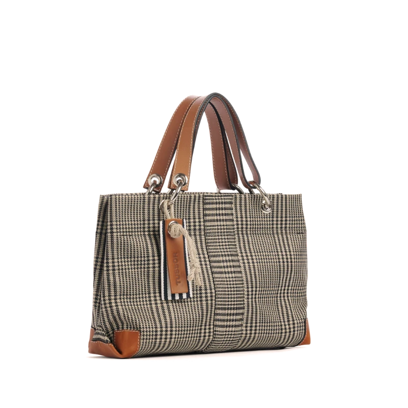 sac de ville modulable en polyester prince de Galles avec des anses en cuir naturel