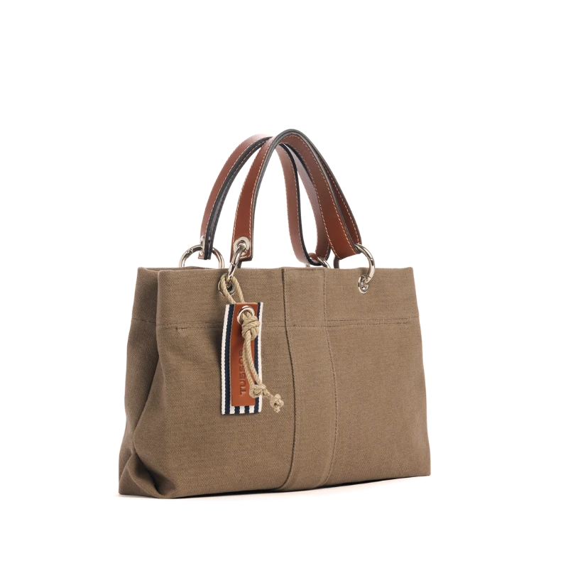 sac de ville modulable en coton taupe avec des anses en cuir naturel