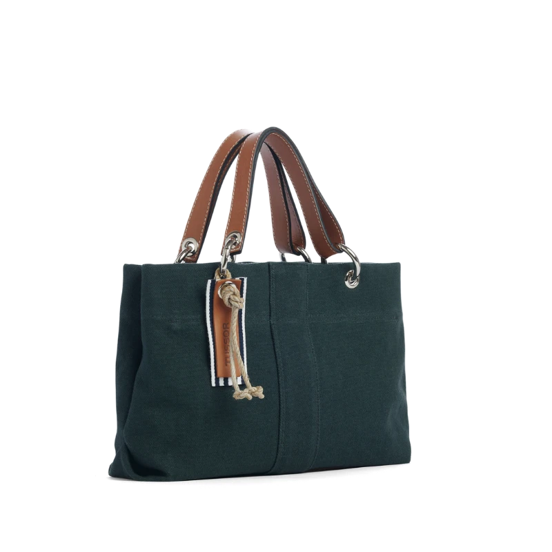 sac de ville modulable en coton vert foret avec des anses en cuir naturel