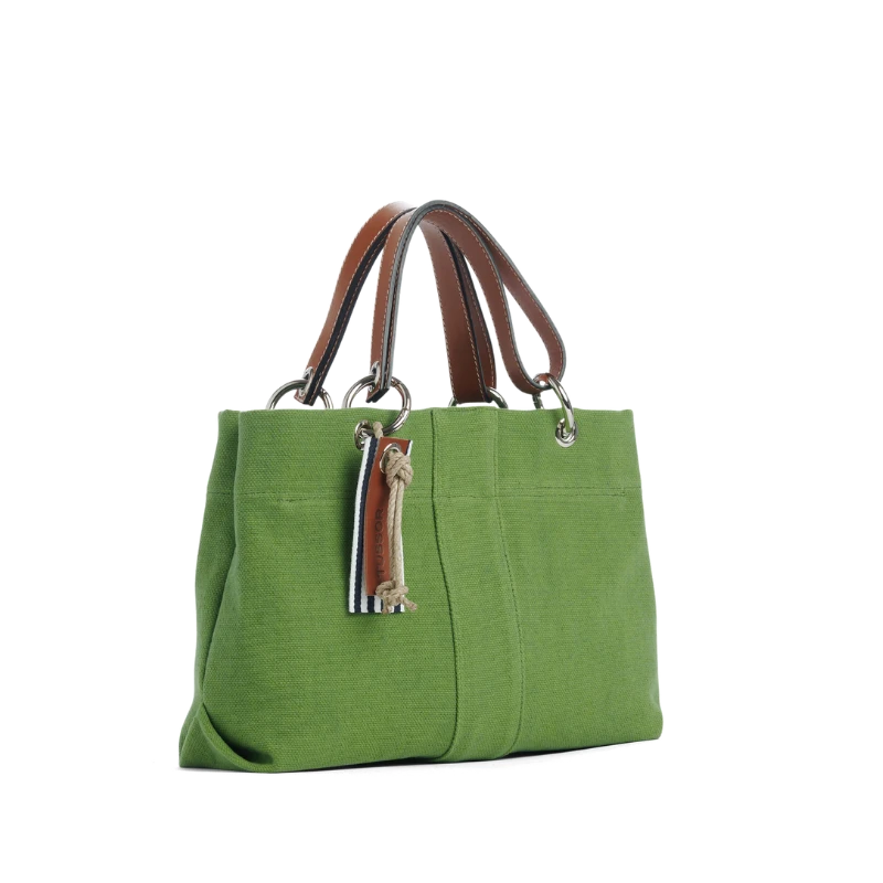sac de ville modulable en coton vert avec des anses en cuir naturel