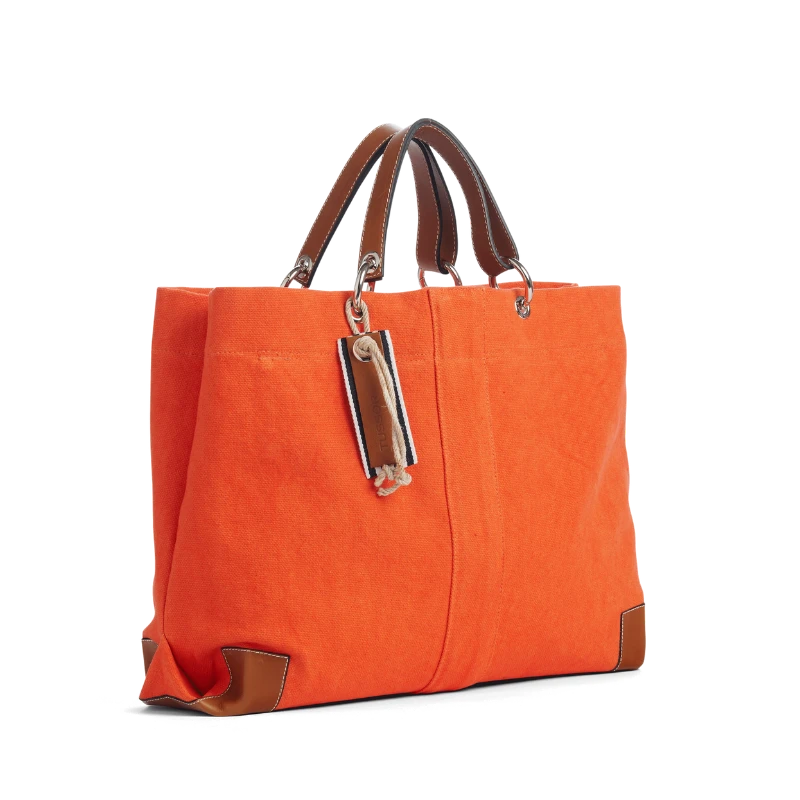 sac de travail modulable en coton corail, pour ordinateur et dossiers, avec des anses en cuir naturel