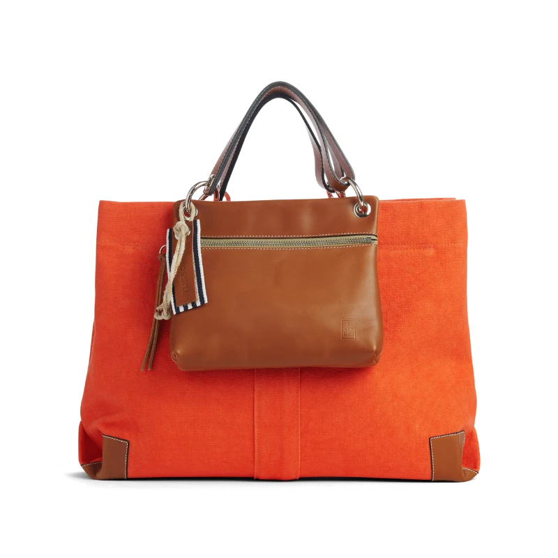 sac de travail modulable en coton corail, pour ordinateur et dossiers, avec des anses en cuir naturel et sa pochette yole en cuir gold