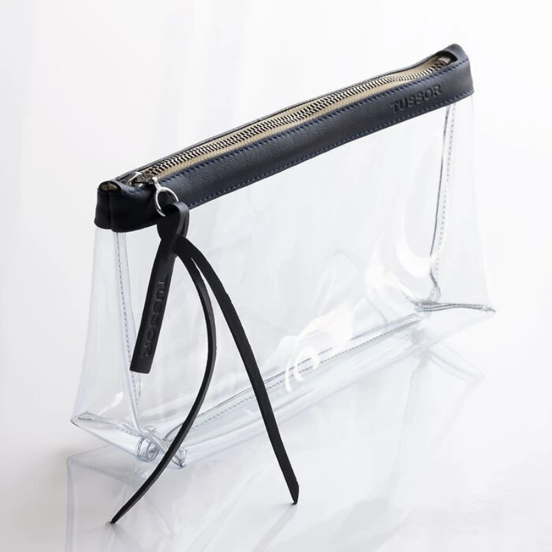 pochette en plastique transparent et cuir bleu nuit