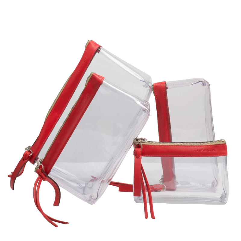 pochettes en plastique transparent et cuir rouge
