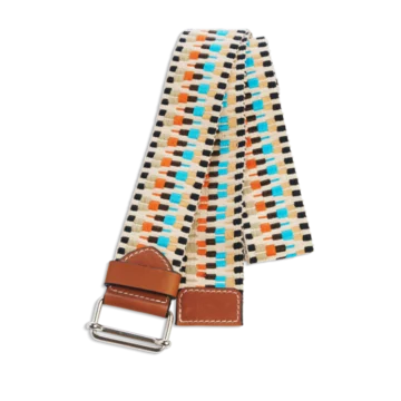 Ceinture colorée à motifs corail, turquoise et beige en coton et cuir naturel gold et boucle nickel