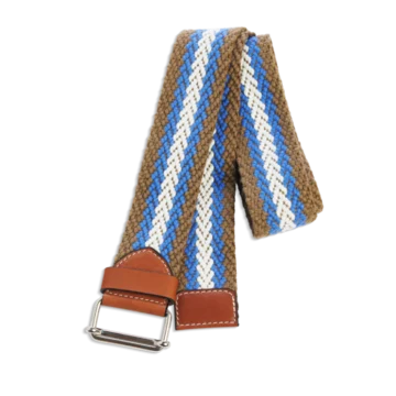 Ceinture colorée à rayures marron clair, bleu et écru en coton et cuir naturel gold et boucle argent