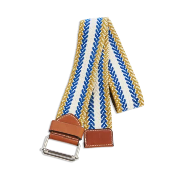 Ceinture colorée à rayures écrue, bleues et moutardes en coton et cuir naturel gold et boucle argent