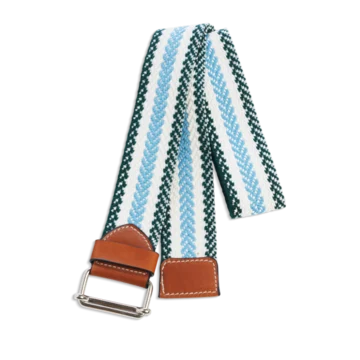Ceinture colorée à rayures bleue, blanches et vertes en coton et cuir naturel gold et boucle argent