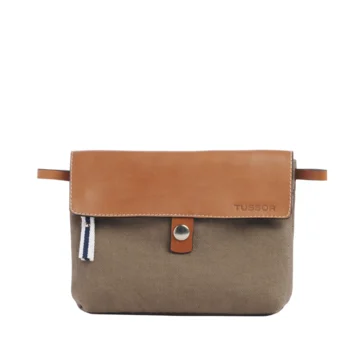 pochette amovible en cuir et coton taupe