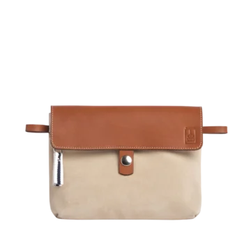 pochette amovible en cuir vachette velours grège et son rabat en cuir gold