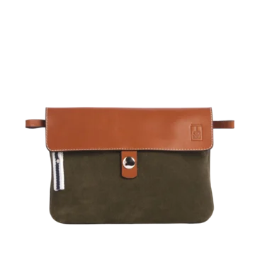 pochette amovible en cuir vachette velours kaki et son rabat en cuir gold