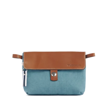 pochette mobile amovible en coton bleu français et cuir
