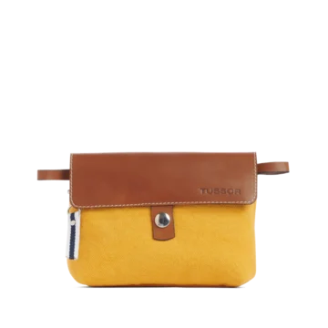 pochette mobile amovible en coton jaune et cuir de face
