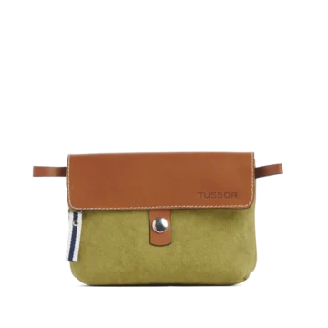 pochette mobile amovible en coton olive et cuir, vue de face