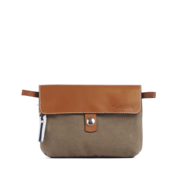 pochette mobile amovible en coton taupe et cuir, de face