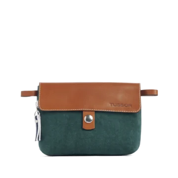 pochette mobile amovible en coton vert forêt et cuir