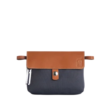 pochette mobile amovible en polyester givré bleu marine et cuir face