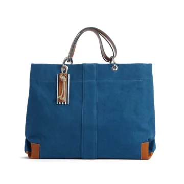 sac de travail modulable en coton bleu canard, pour ordinateur et dossiers, avec des anses en cuir naturel