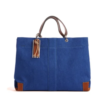sac de travail modulable en coton bleu roi, pour ordinateur et dossiers, avec des anses en cuir naturel