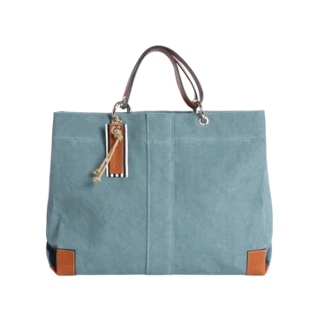sac de travail modulable en coton bleu français, pour ordinateur et dossiers, avec des anses en cuir naturel