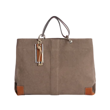 sac de travail modulable en coton taupe, pour ordinateur et dossiers, avec des anses en cuir naturel
