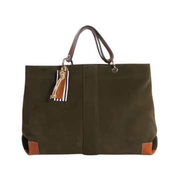 sac de travail modulable en cuir vachette velours kaki, pour ordinateur et dossiers, avec des anses en cuir naturel