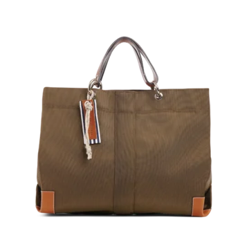 sac de travail modulable en polyester givre kaki, pour ordinateur et dossiers, avec des anses en cuir naturel