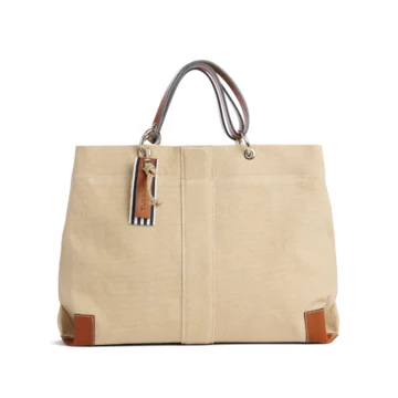 sac de travail modulable en coton grege, pour ordinateur et dossiers, avec des anses en cuir naturel