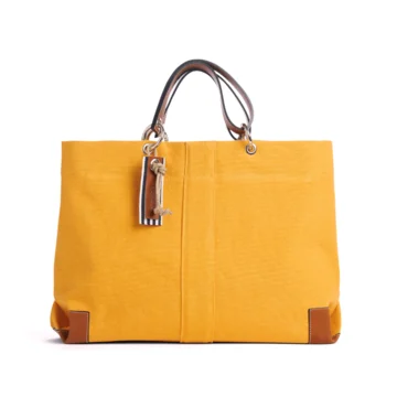 sac de travail modulable en coton jaune, pour ordinateur et dossiers, avec des anses en cuir naturel