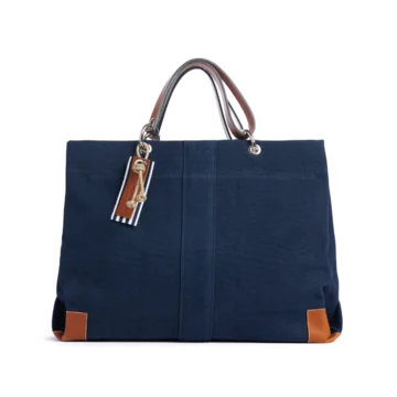 sac de travail modulable en coton marine, pour ordinateur et dossiers, avec des anses en cuir naturel