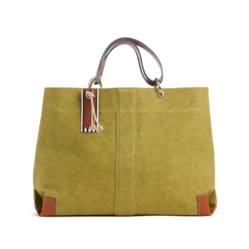 sac de travail modulable en coton olive, pour ordinateur et dossiers, avec des anses en cuir naturel