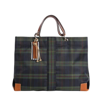 sac de travail modulable en polyester écossais marine pour ordinateur et dossiers, avec des anses en cuir naturel